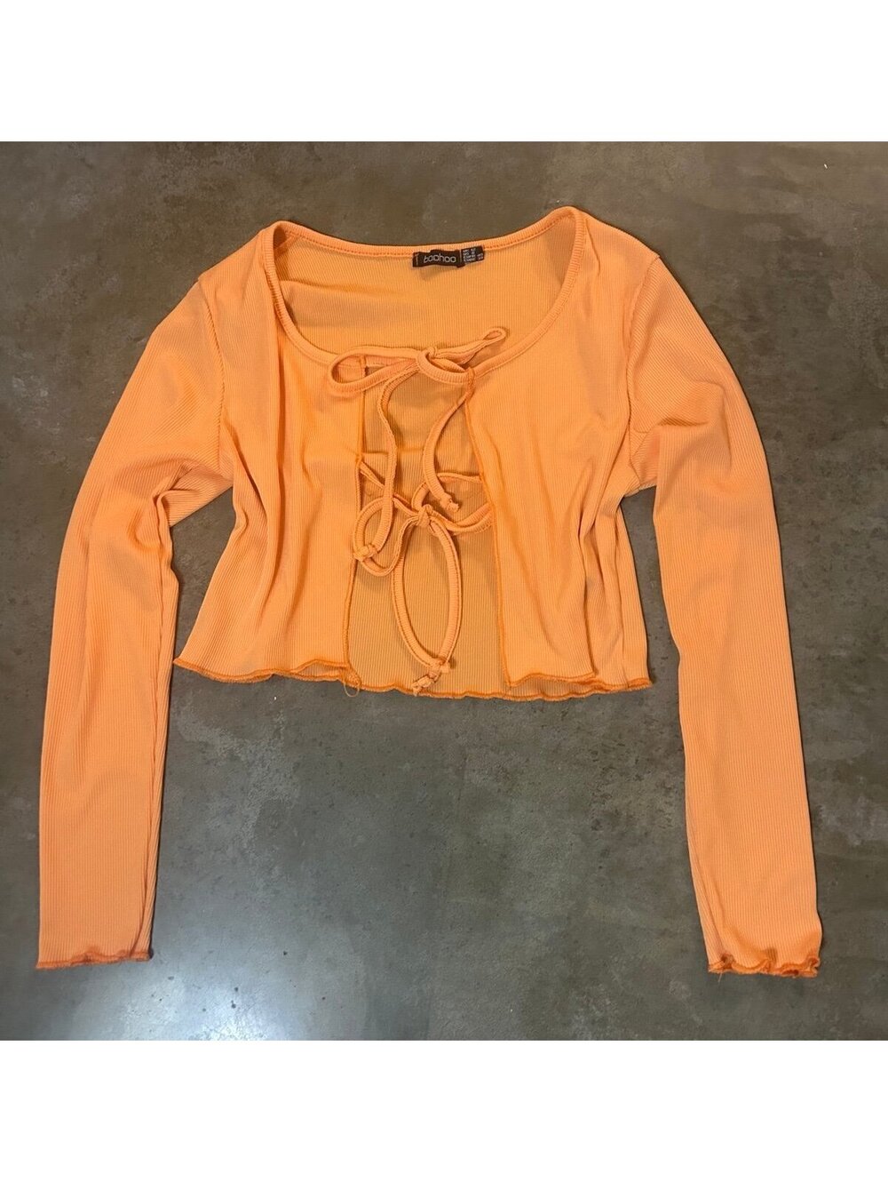 Orange Ribbed Lace Up Top Long Sleeve
